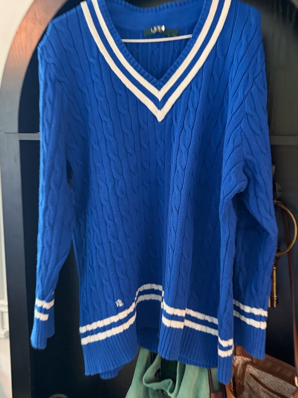 Polo by Ralph Lauren Royal Blue V-Neck Cable Knit Sweater with White Trim